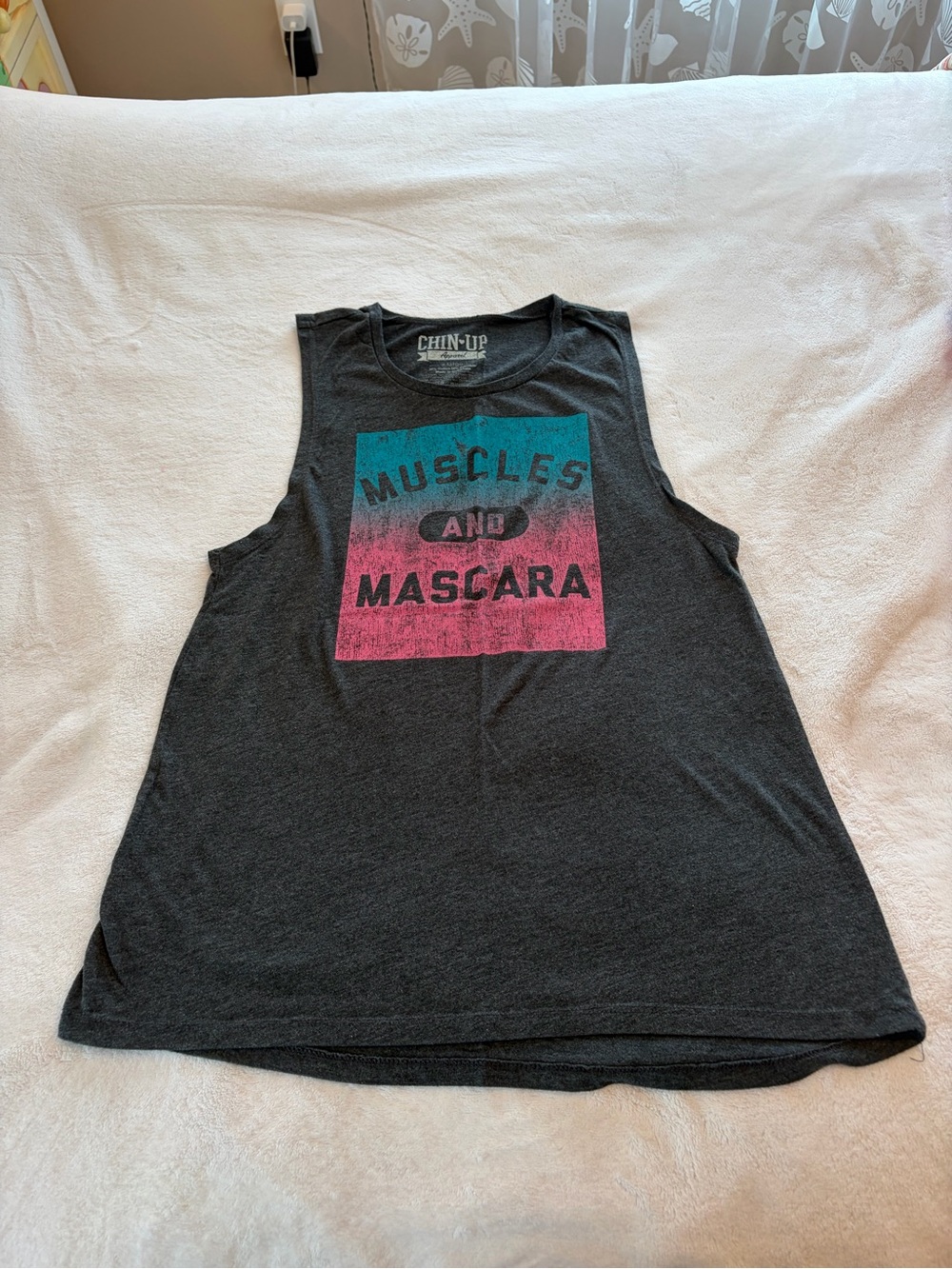 Chin Up Apparel Black Muscle Tank with Teal & Pink Graphic